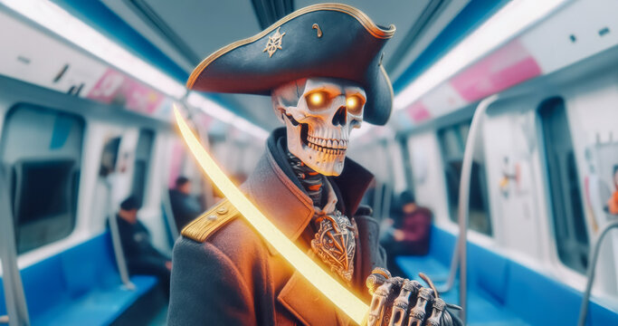 Futuristic Halloween character costume in the subway. Halloween concept.