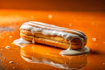 Melting eclair on a glossy orange surface