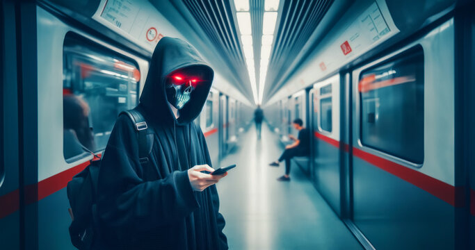 Costumed Halloween character in the subway. Halloween concept.