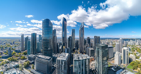 Fototapeta premium Aerial View of City Skyline and High-Rise Buildings Under Blue Sky and White Clouds