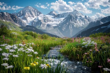 A serene alpine meadow dotted with wildflowers, with a small stream meandering through the grass. In the background, the towering peaks of a snow-covered mountain range rise dramatically into the sky.
