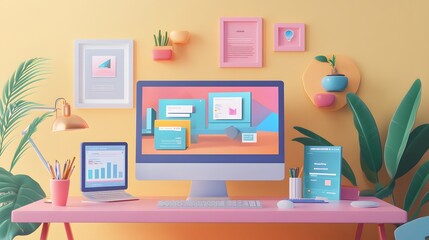 Web UI-UX design, SEO optimization marketing. Studying at home, online education at the university. Web building and cooperation meeting. 3d render illustration. 