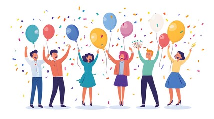 Fototapeta premium Happy team celebrating birthday together, vector illustration on a white background, in a minimalist style, with a flat design