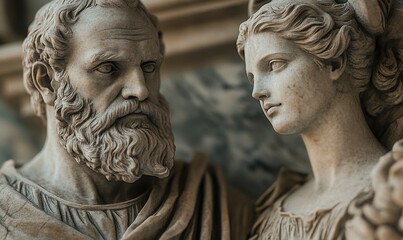 Two ancient marble sculptures of a man and woman.