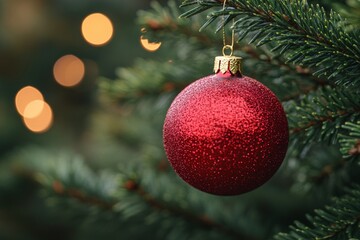 Fototapeta premium close-up, detailed shot of a classic red Christmas ball hanging from a fir tree branch. The ball is perfectly round and shiny, reflecting the warm glow of nearby Christmas lights