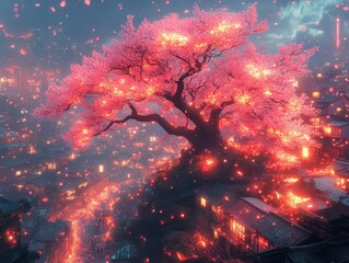 Obraz premium fantasy cityscape at night showcasing a vibrant japanese landscape adorned with glowing neon lights and a massive sakura tree creating an enchanting urban fantasy scene