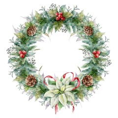 Watercolor Christmas werath with white poinsettia flower, pine cones, white berries, herbs and red bow.  Christmas decor.	