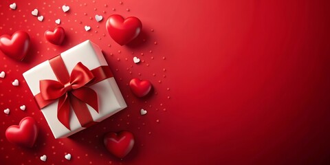 Gift wrap with red bow and red hearts around