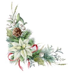 Watercolor corner garland with white poinsettia flower, fir branches and cone, red bow and herbs. Christmas decorative element.	