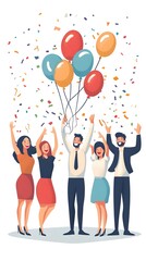 Happy team celebrating birthday together, vector illustration on a white background, in a minimalist style, with a flat design