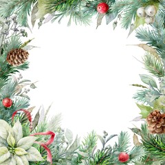 Watercolor Christmas square card with white poinsettia flower, fir branches, cones, holly berry and red ribbon.