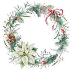 Watercolor Christmas werath design with white poinsettia flower, pine cones, berries, mistletoe leaves and red bow.	