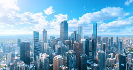 Obraz premium City Skyline and Skyscrapers Under Blue Sky and White Clouds Aerial View