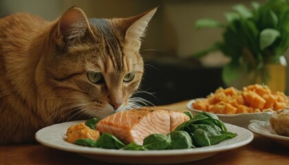 A cat savoring a gourmet meal with fresh, nutritious ingredients like salmon and vegetables, highlighting the importance of balanced feline nutrition