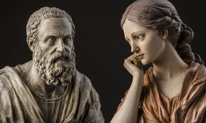 Two statues, man with beard, woman with long hair.