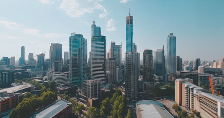 Obraz premium City Skyline and Skyscrapers Under Blue Sky and White Clouds Aerial View