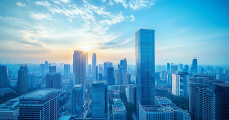 City Skyline and Skyscrapers Under Blue Sky and White Clouds Aerial View