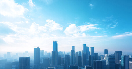 Fototapeta premium City Skyline and Skyscrapers Under Blue Sky and White Clouds Aerial View