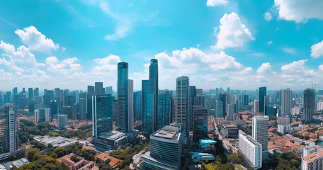 Fototapeta premium City Skyline and Skyscrapers Under Blue Sky and White Clouds Aerial View