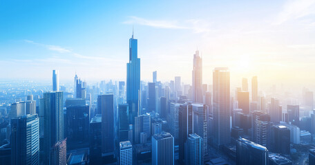 Fototapeta premium City Skyline and Skyscrapers Under Blue Sky and White Clouds Aerial View