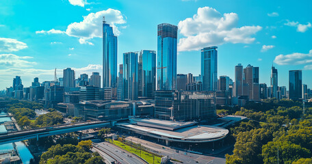 Naklejka premium City Skyline and Skyscrapers Under Blue Sky and White Clouds Aerial View
