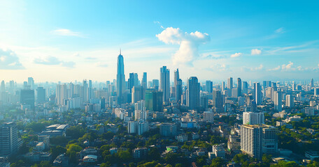 Naklejka premium City Skyline and Skyscrapers Under Blue Sky and White Clouds Aerial View