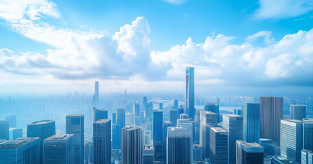 Fototapeta premium City Skyline and Skyscrapers Under Blue Sky and White Clouds Aerial View