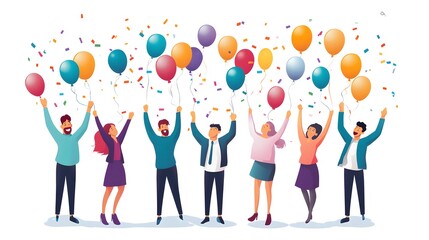 Happy team celebrating birthday together, vector illustration on a white background, in a minimalist style, with a flat design
