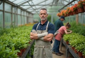 Obraz premium A confident male gardener stands with arms crossed in a greenhouse filled with plants and flowers.