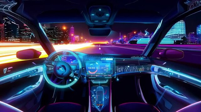 Inside view of a futuristic autonomous vehicle driving on a highway at night with augmented reality displaying on the windshield and infographic interface