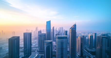 Fototapeta premium Aerial View of City Skyline and High-Rise Buildings Under Blue Sky and White Clouds