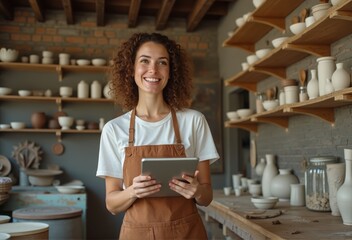 A woman stands in a pottery shop, holding a tablet while surrounded by ceramic items on shelves.