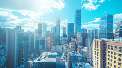 City Skyline and Skyscrapers Under Blue Sky and White Clouds Aerial View