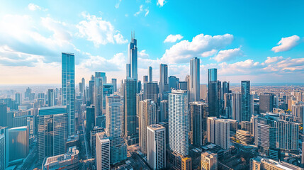 Fototapeta premium Aerial View of City Skyline and High-Rise Buildings Under Blue Sky and White Clouds