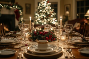 close-up, intimate view of a Christmas dinner table, bathed in the warm glow of candlelight.