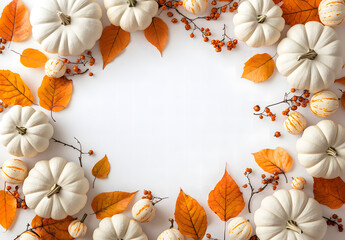 Obraz premium Fall background design with orange pumpkins and fall leaves on a light surface design
