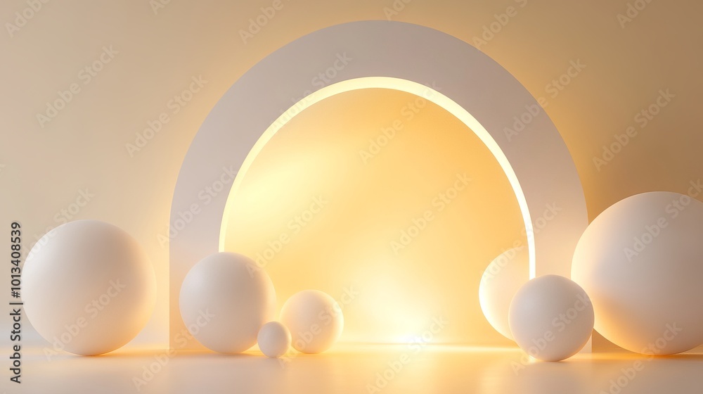 Poster abstract geometric composition with glowing arch and spheres, minimal design concept