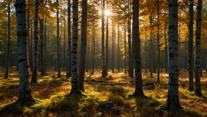 Golden light illuminating vibrant autumn foliage in a tranquil Swedish forest.