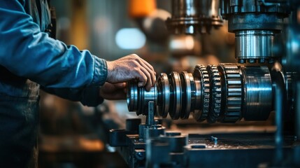 A worker assembles machinery components in a factory setting, showcasing industrial processes.