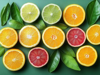 Fototapeta premium flat lay composition of assorted citrus fruits including oranges lemons and limes beautifully arranged with slices and vibrant green leaves on a clean background showcasing freshness