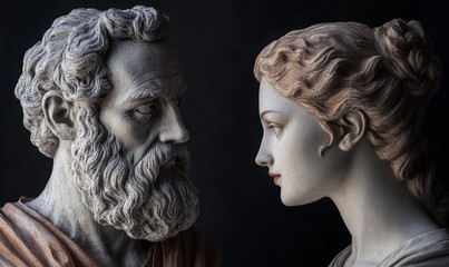 Two stone busts looking at each other.