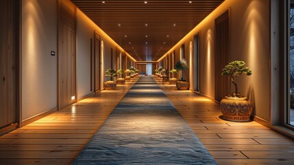 Serene corridor adorned with plants and warm lighting in a modern building at twilight’s embrace. Generative AI