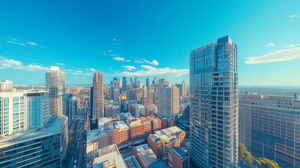 Fototapeta premium City Skyline and Skyscrapers Under Blue Sky and White Clouds Aerial View