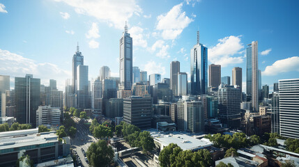 Obraz premium City Skyline and Skyscrapers Under Blue Sky and White Clouds Aerial View
