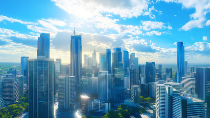 Obraz premium City Skyline and Skyscrapers Under Blue Sky and White Clouds Aerial View