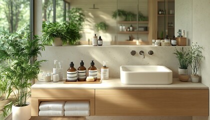 A person unpacking their toiletries in a modern, stylish bathroom, preparing to relax after a long journey