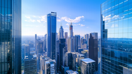 Obraz premium City Skyline and Skyscrapers Under Blue Sky and White Clouds Aerial View