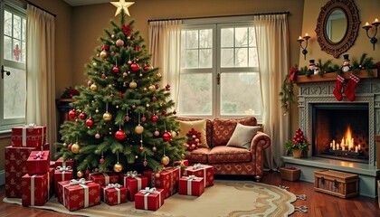 Obraz premium christmas, tree, decoration, holiday, xmas, room, christmas tree, gift, 