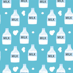 Seamless pattern of milk bottles and splashes on a light blue background in simple flat style.