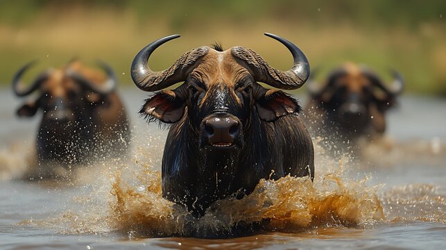 A herd of African buffaloes running through a waterhole, with one in the foreground looking directly at the camera.